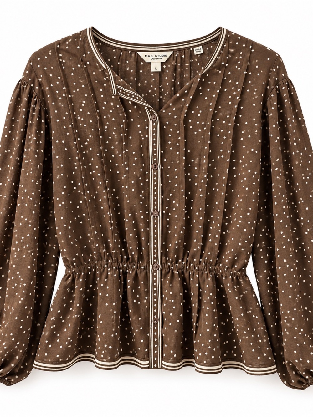 Max Studio London Brown Polka Dot Peplum Blouse L